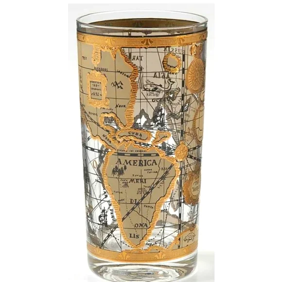 Set Of 8 - Vintage Cera Old World Map Highball Glasses 22k Gold Leaf World Atlas - Picture 1 of 1
